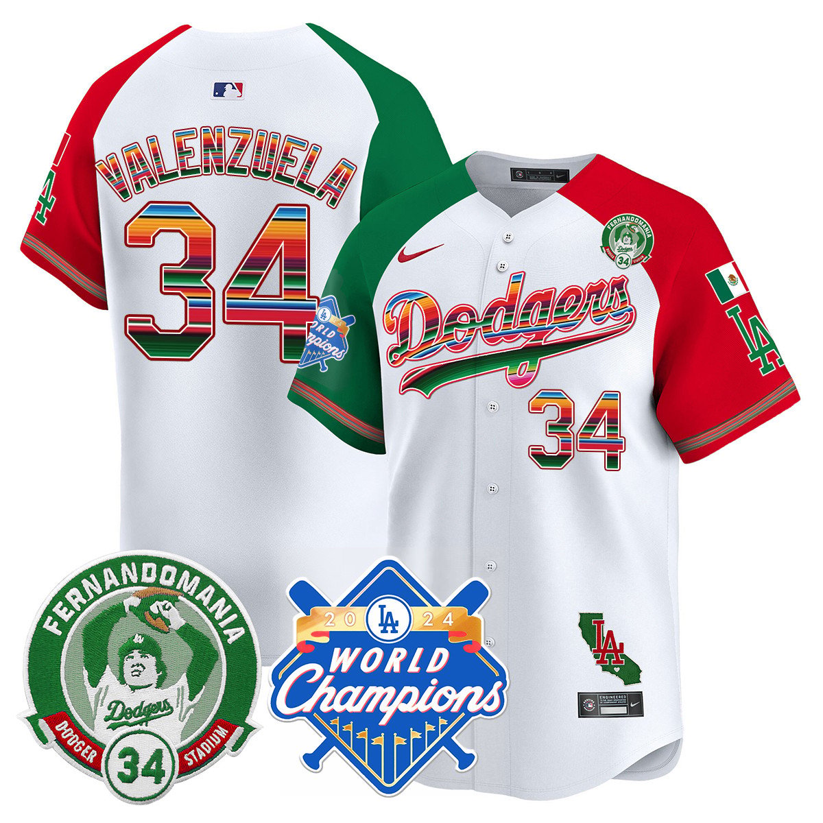 Dodgers Mexico Fernando Memorial & 2024 World Series Champions Patch Jersey - All Stitched