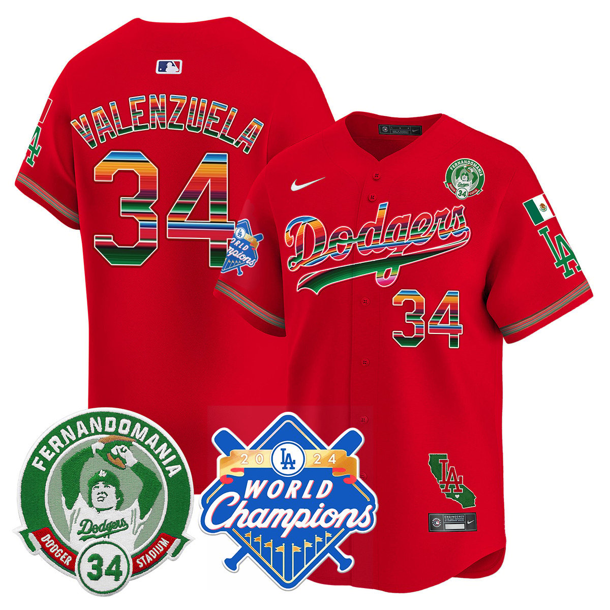 Dodgers Mexico Fernando Memorial & 2024 World Series Champions Patch Jersey - All Stitched