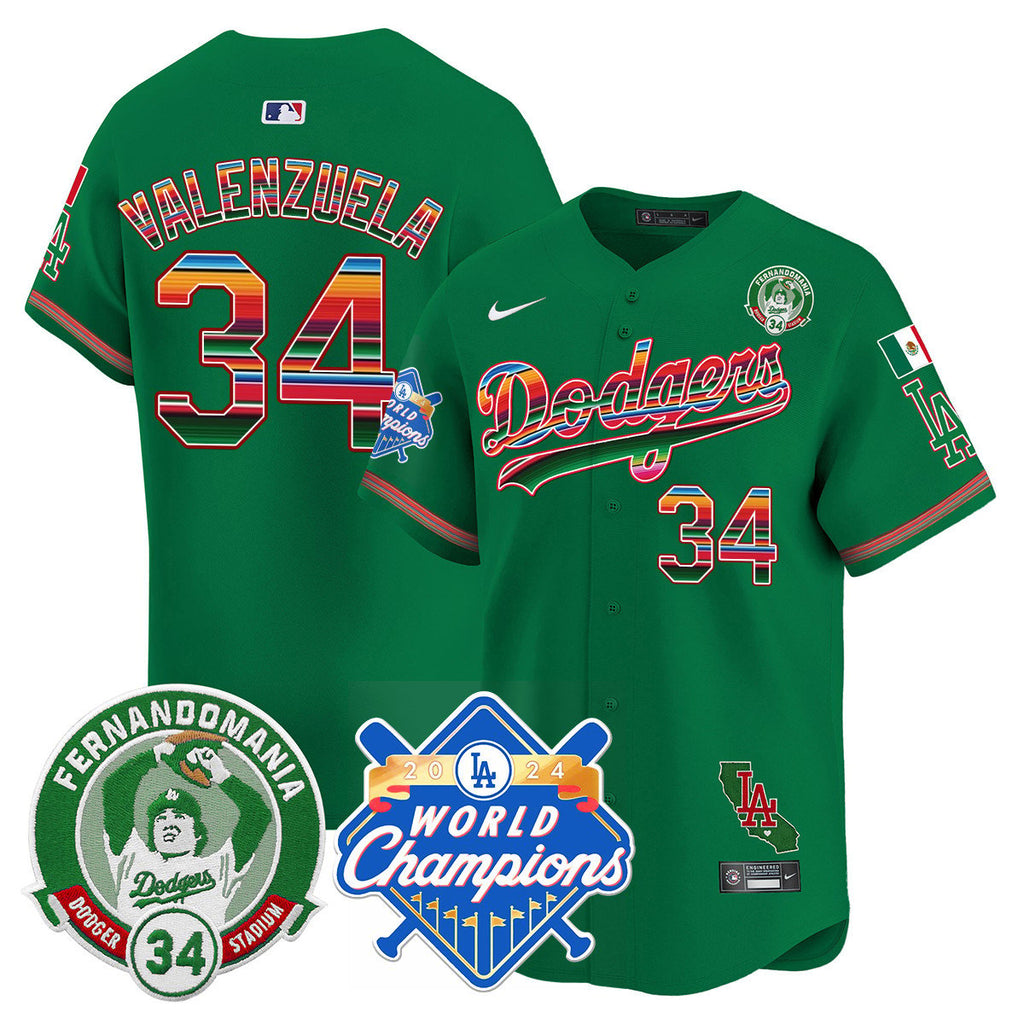 Dodgers Mexico Fernando Memorial & 2024 World Series Champions Patch Jersey - All Stitched