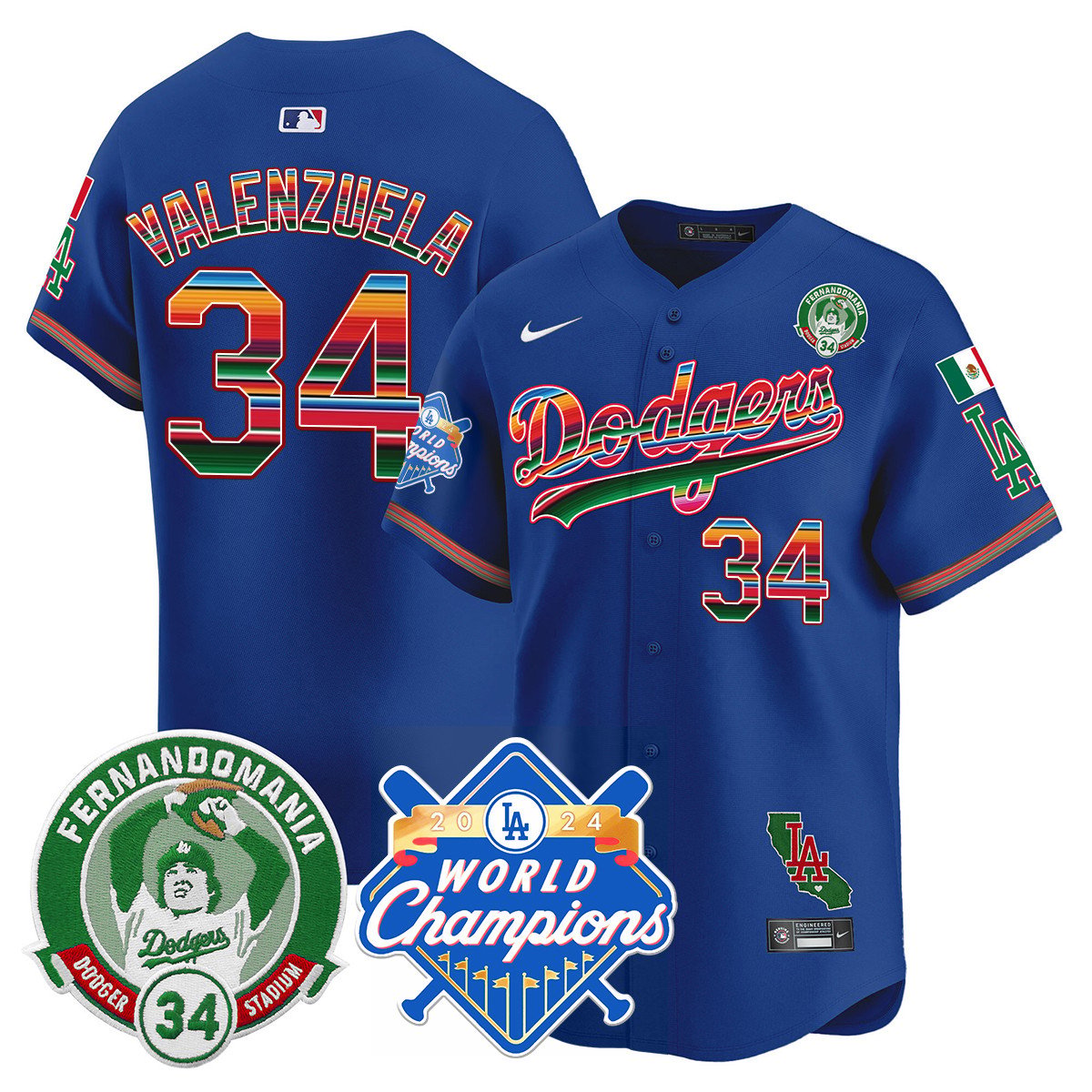 Dodgers Mexico Fernando Memorial & 2024 World Series Champions Patch Men Jersey - All Stitched