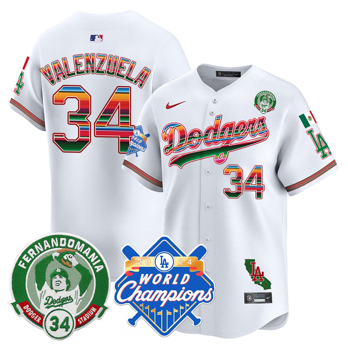 Dodgers Mexico Fernando Memorial & 2024 World Series Champions Patch Men Jersey - All Stitched