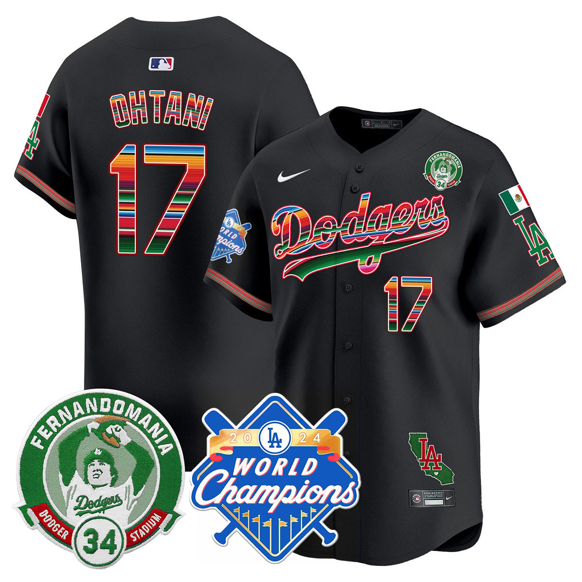 Dodgers Mexico Fernando Memorial & 2024 World Series Champions Patch Jersey - All Stitched