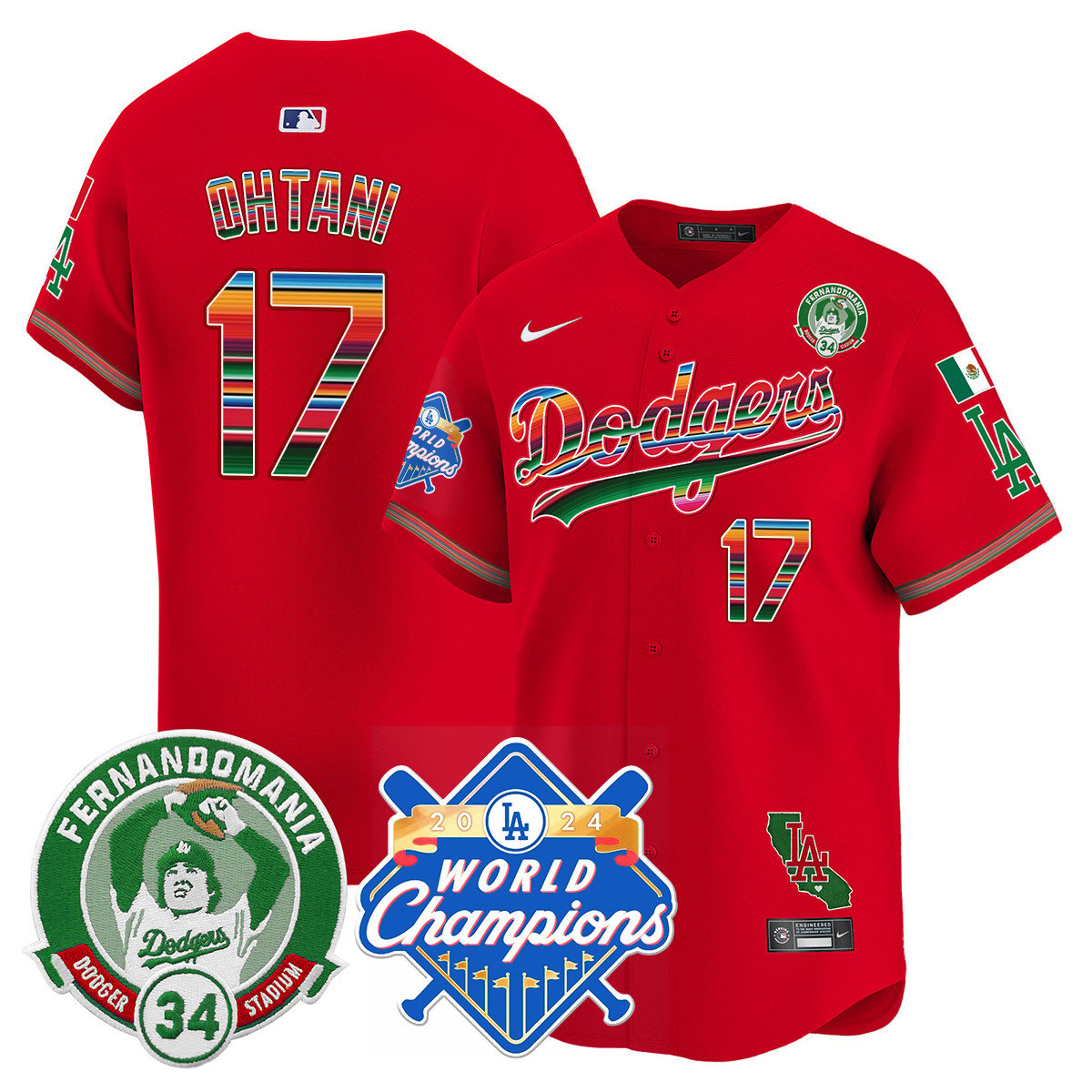 Dodgers Mexico Fernando Memorial & 2024 World Series Champions Patch Jersey - All Stitched