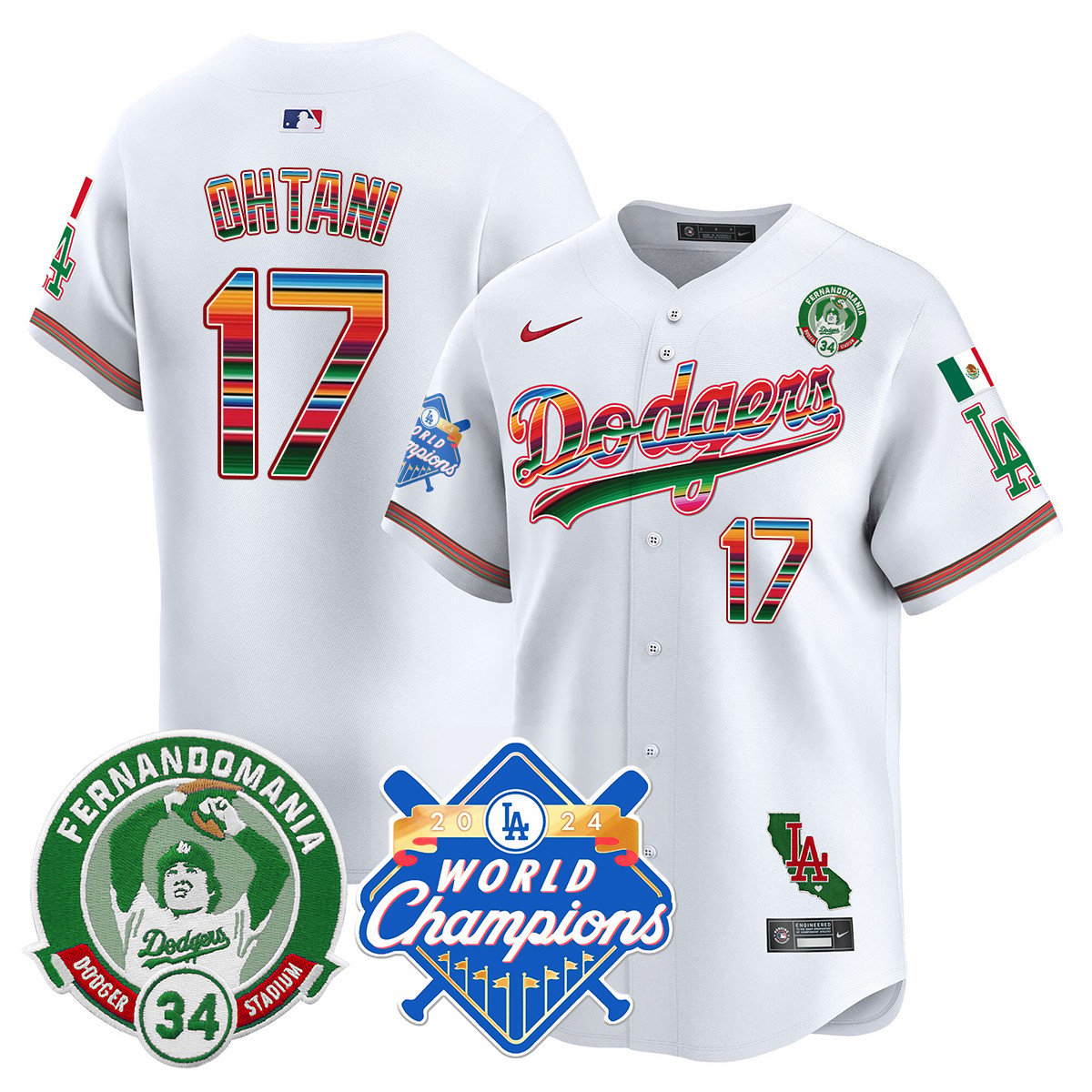 Dodgers Mexico Fernando Memorial & 2024 World Series Champions Patch Men Jersey - All Stitched