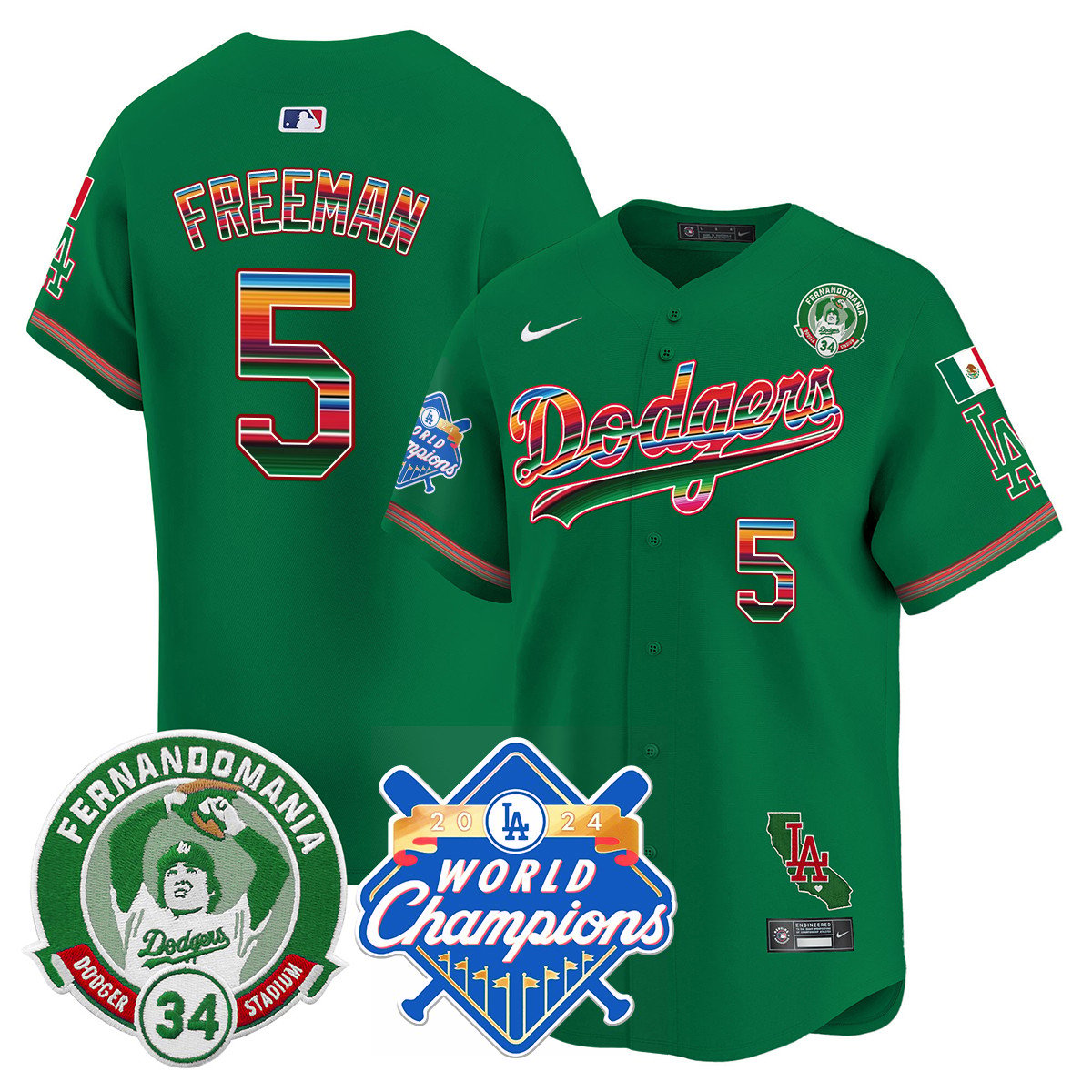 Dodgers Mexico Fernando Memorial & 2024 World Series Champions Patch Jersey - All Stitched