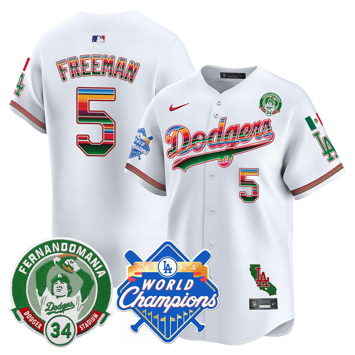 Dodgers Mexico Fernando Memorial & 2024 World Series Champions Patch Men Jersey - All Stitched