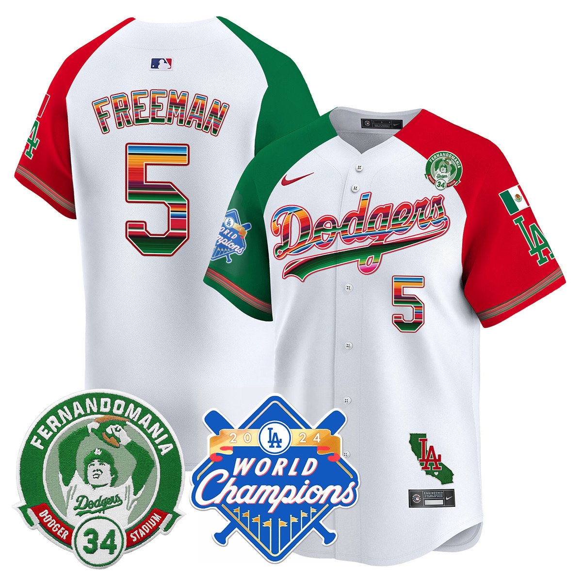 Dodgers Mexico Fernando Memorial & 2024 World Series Champions Patch Jersey - All Stitched