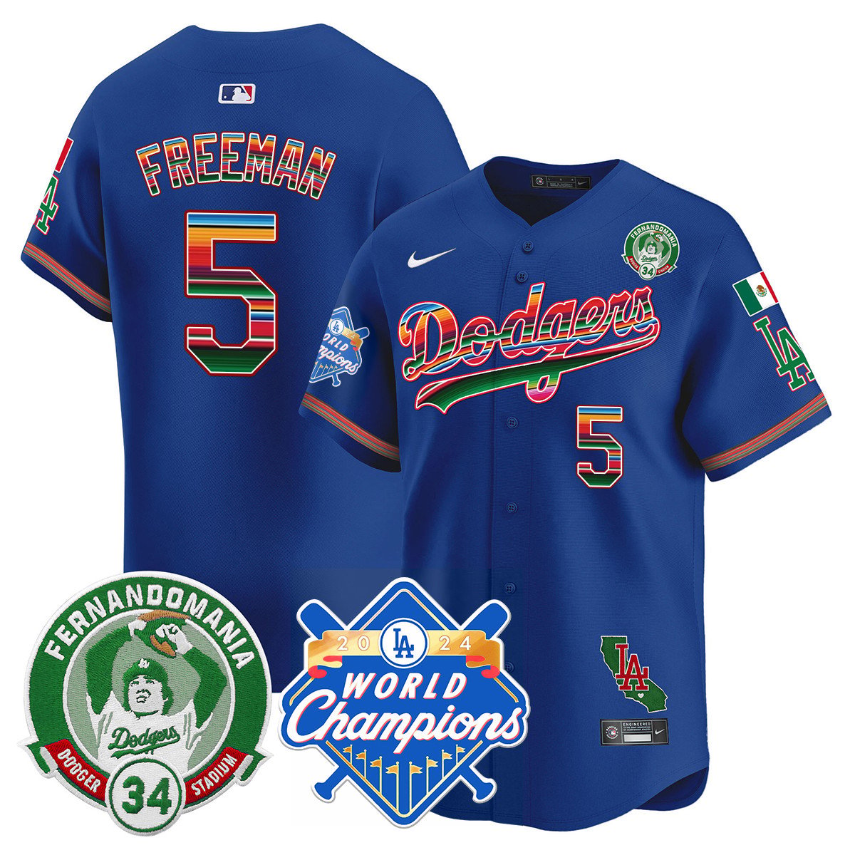 Dodgers Mexico Fernando Memorial & 2024 World Series Champions Patch Men Jersey - All Stitched