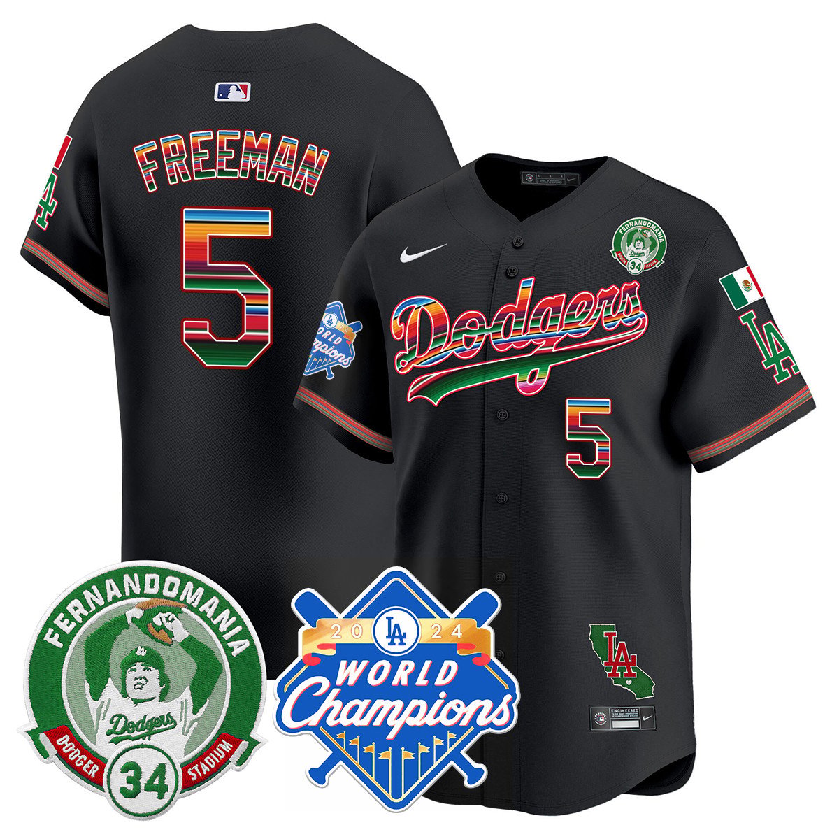 Dodgers Mexico Fernando Memorial & 2024 World Series Champions Patch Jersey - All Stitched