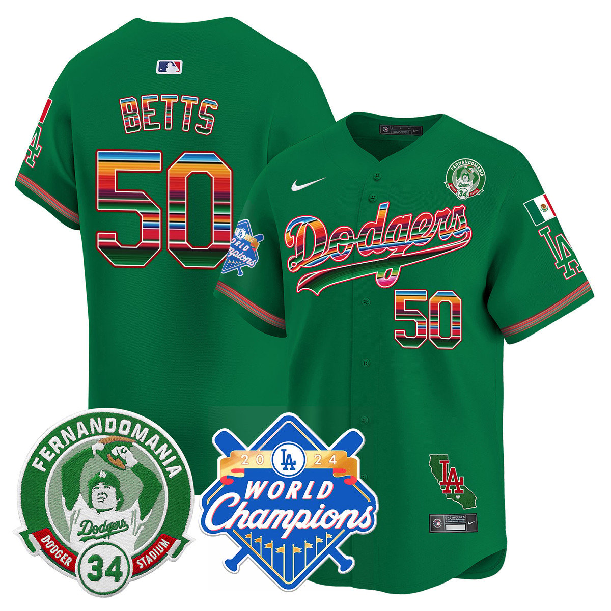 Dodgers Mexico Fernando Memorial & 2024 World Series Champions Patch Jersey - All Stitched