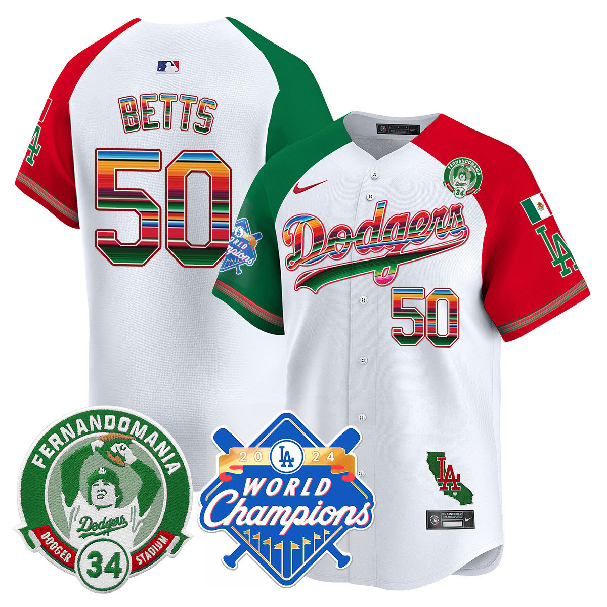 Dodgers Mexico Fernando Memorial & 2024 World Series Champions Patch Jersey - All Stitched