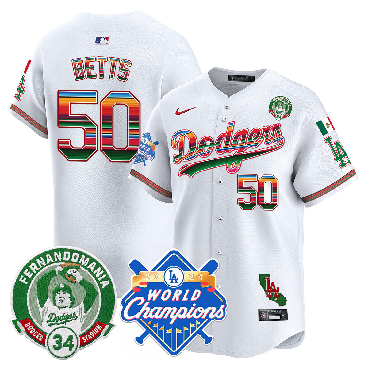 Dodgers Mexico Fernando Memorial & 2024 World Series Champions Patch Men Jersey - All Stitched