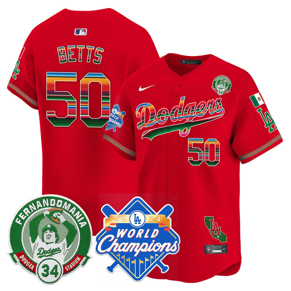Dodgers Mexico Fernando Memorial & 2024 World Series Champions Patch Jersey - All Stitched