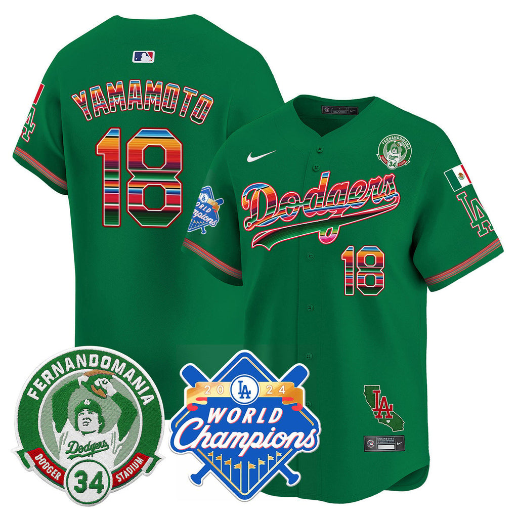 Dodgers Mexico Fernando Memorial & 2024 World Series Champions Patch Jersey - All Stitched