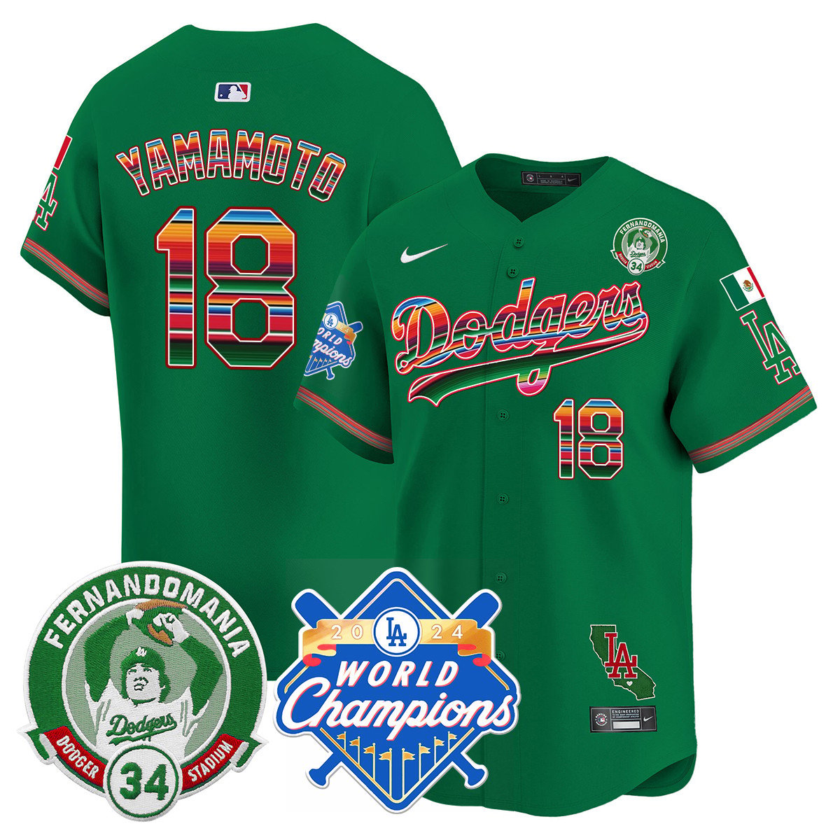 Dodgers Mexico Fernando Memorial & 2024 World Series Champions Patch Jersey - All Stitched