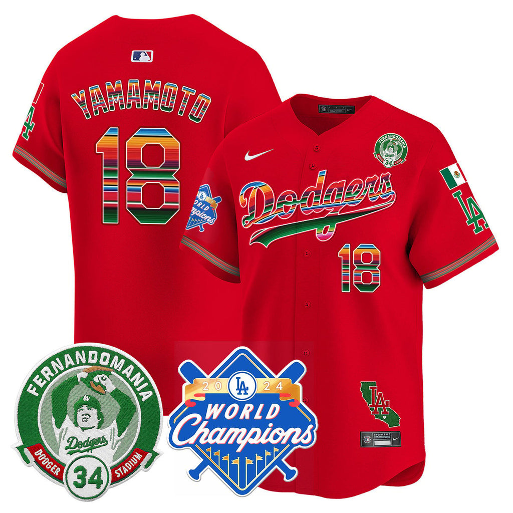 Dodgers Mexico Fernando Memorial & 2024 World Series Champions Patch Jersey - All Stitched
