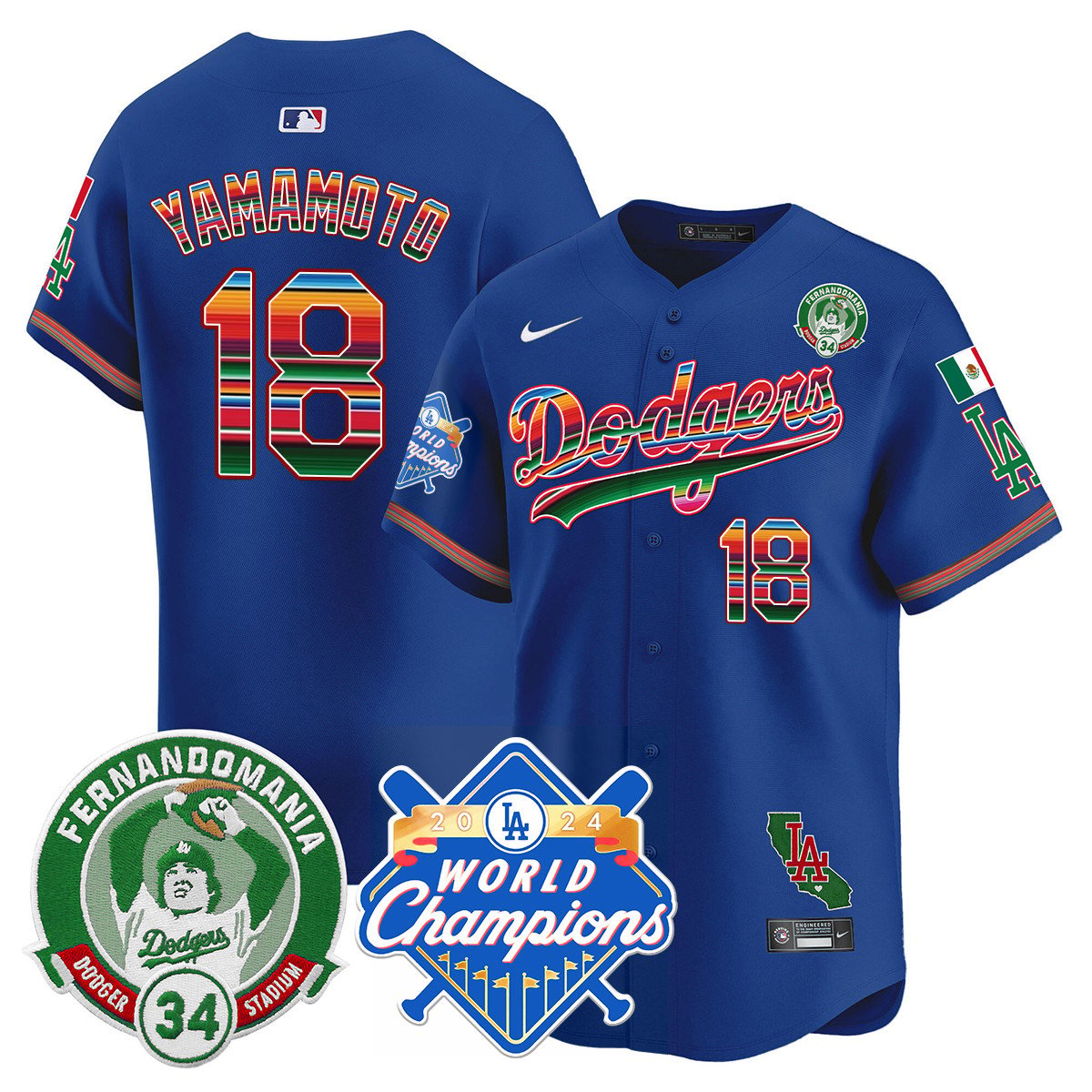 Dodgers Mexico Fernando Memorial & 2024 World Series Champions Patch Men Jersey - All Stitched