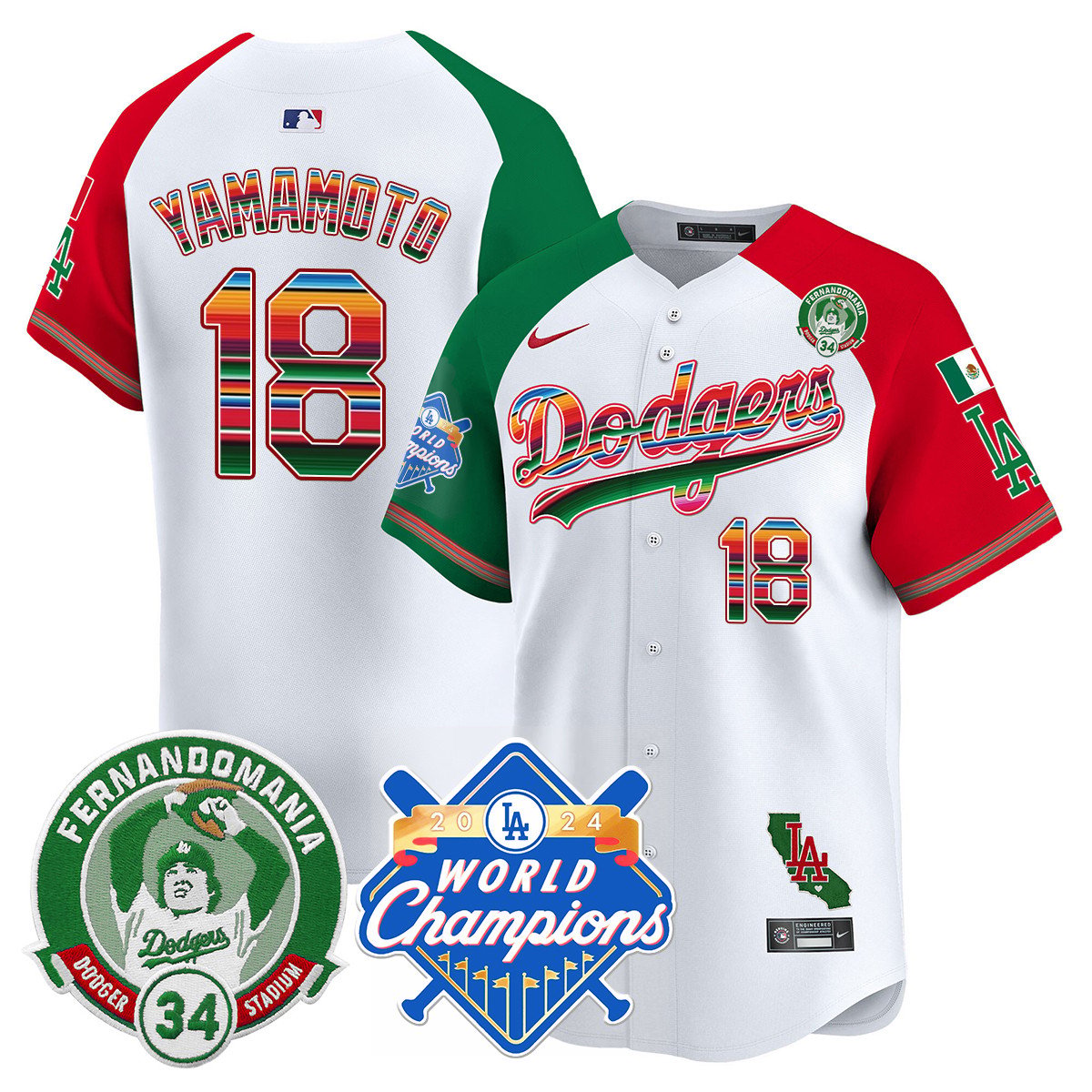 Dodgers Mexico Fernando Memorial & 2024 World Series Champions Patch Jersey - All Stitched