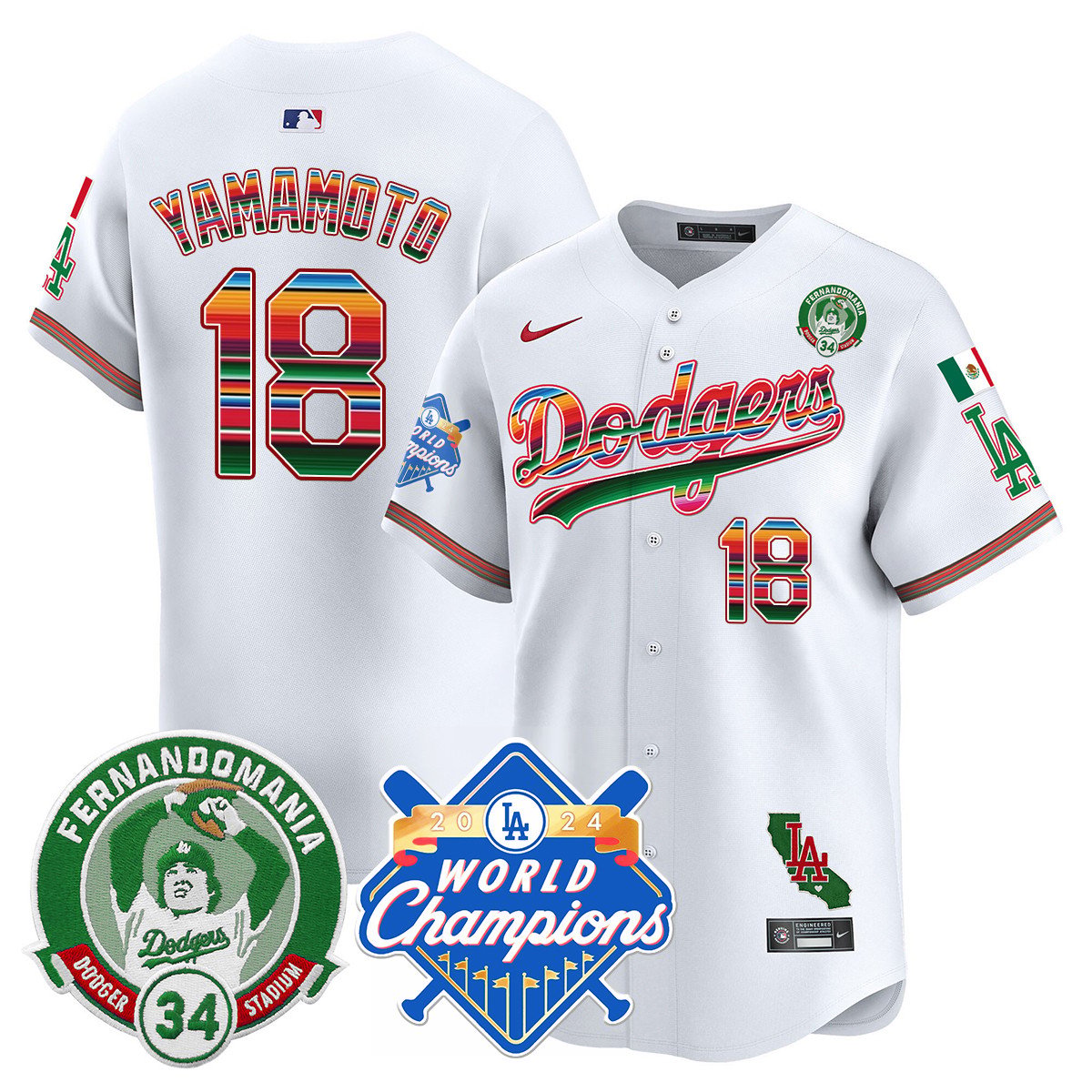Dodgers Mexico Fernando Memorial & 2024 World Series Champions Patch Men Jersey - All Stitched