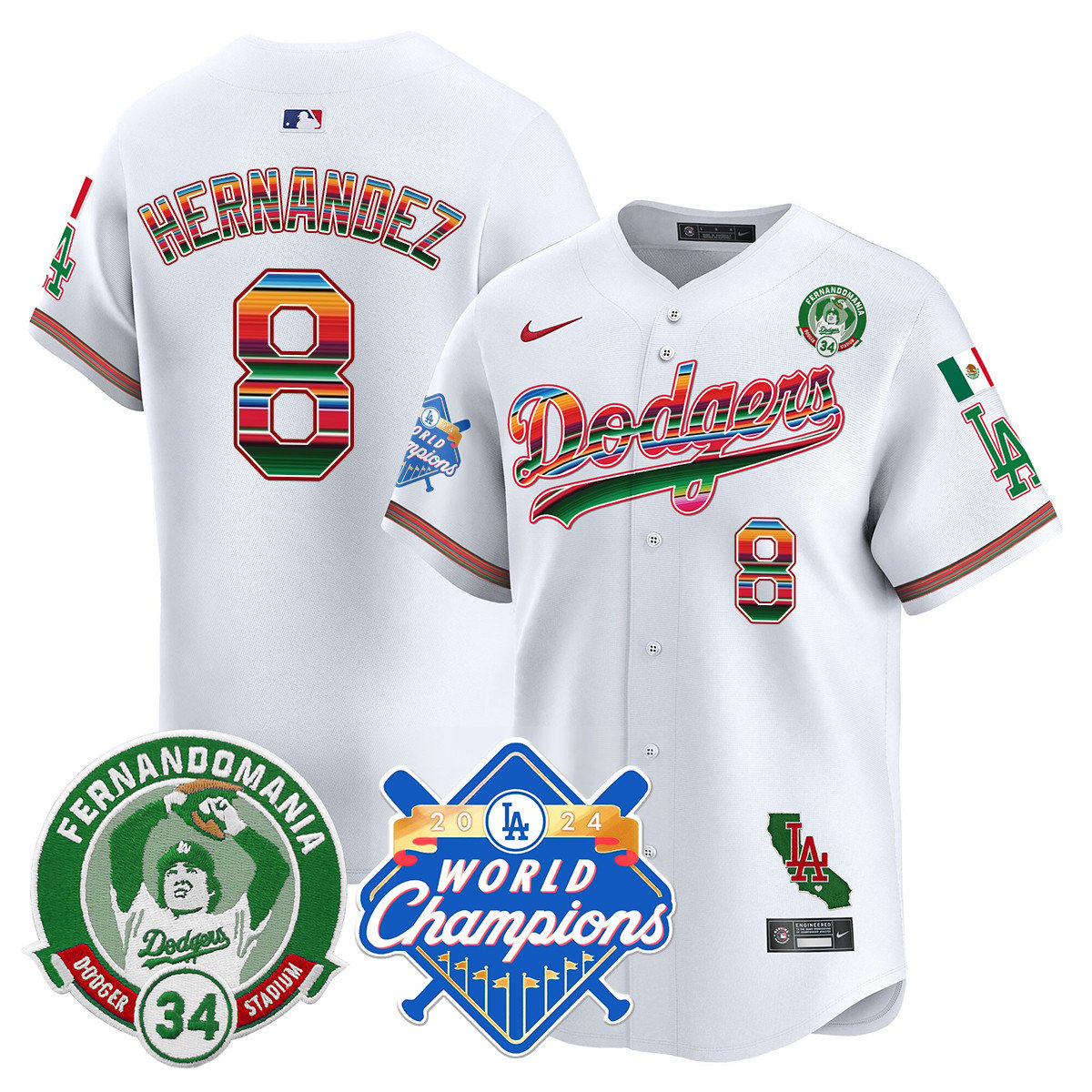 Dodgers Mexico Fernando Memorial & 2024 World Series Champions Patch Men Jersey - All Stitched