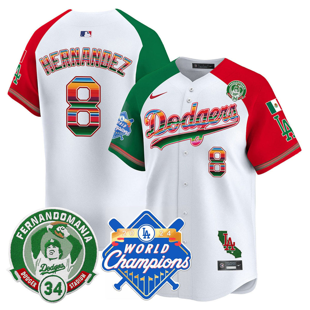 Dodgers Mexico Fernando Memorial & 2024 World Series Champions Patch Jersey - All Stitched