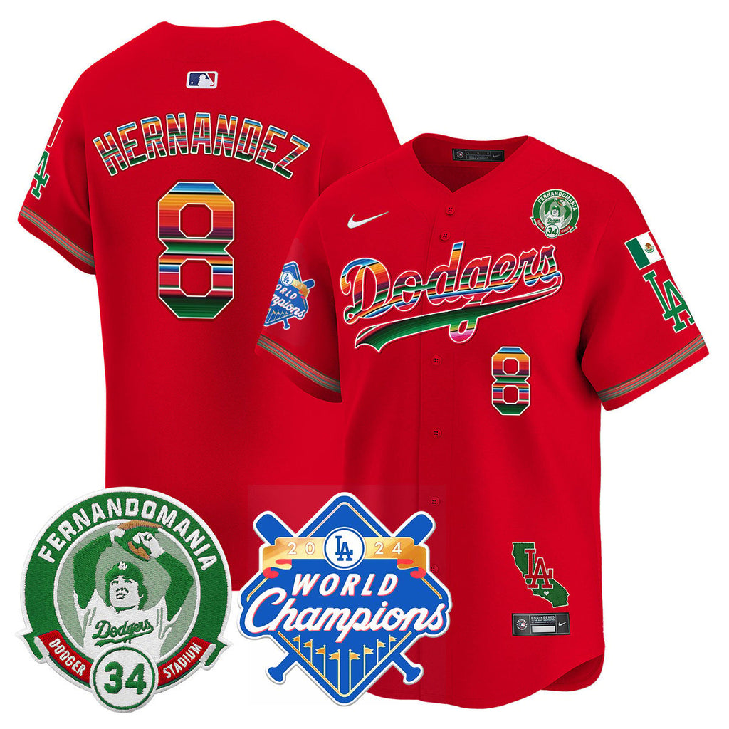 Dodgers Mexico Fernando Memorial & 2024 World Series Champions Patch Jersey - All Stitched
