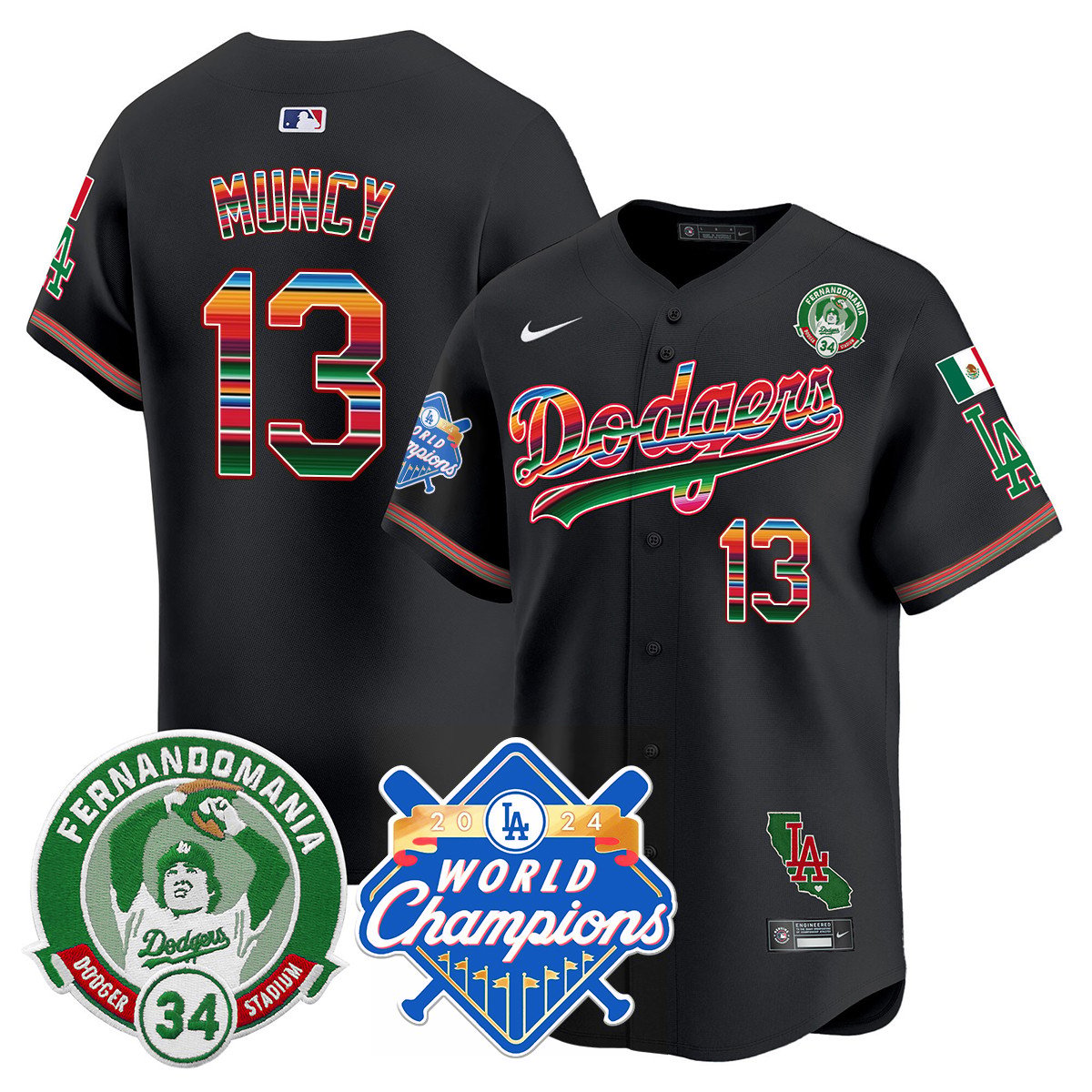 Dodgers Mexico Fernando Memorial & 2024 World Series Champions Patch Jersey - All Stitched