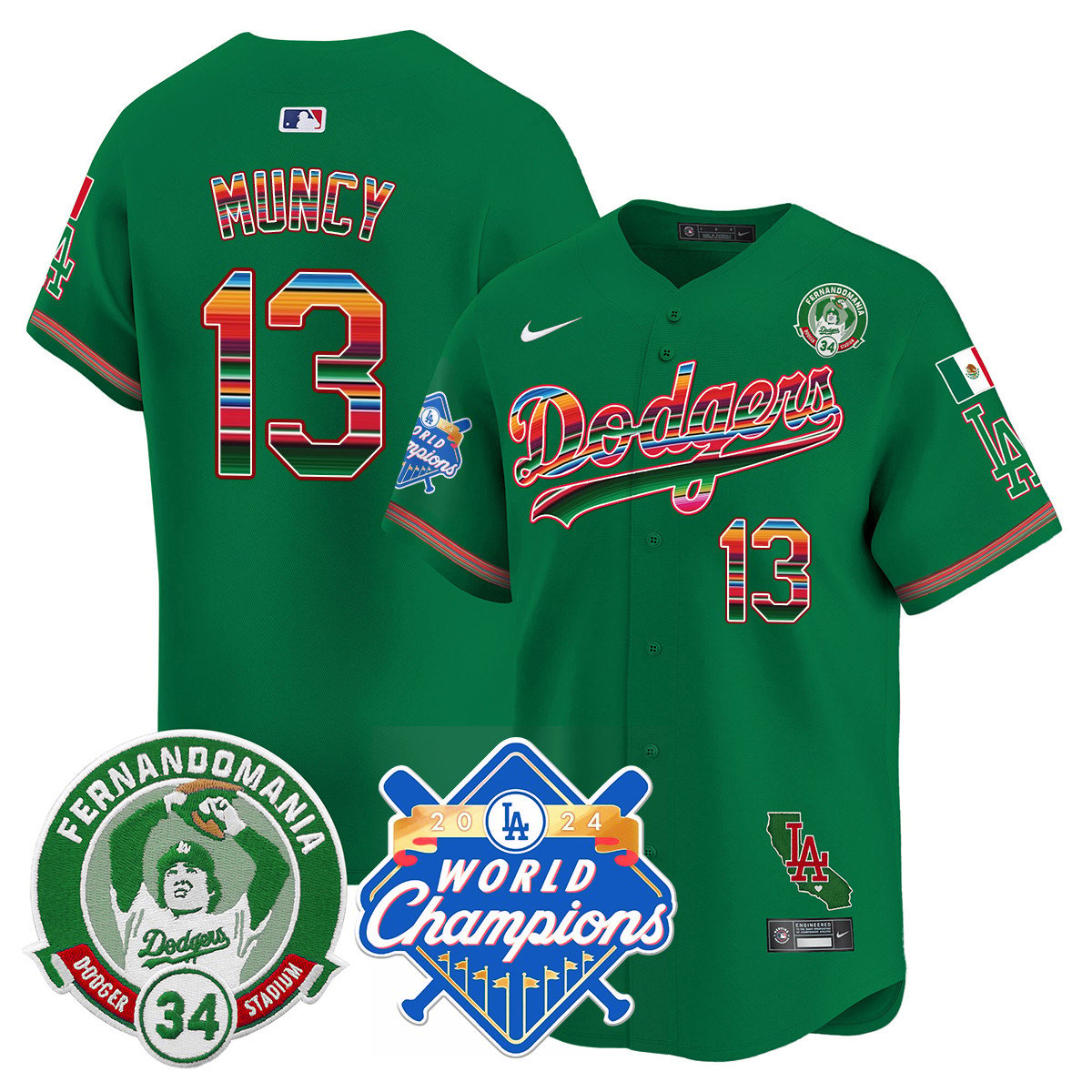Dodgers Mexico Fernando Memorial & 2024 World Series Champions Patch Jersey - All Stitched