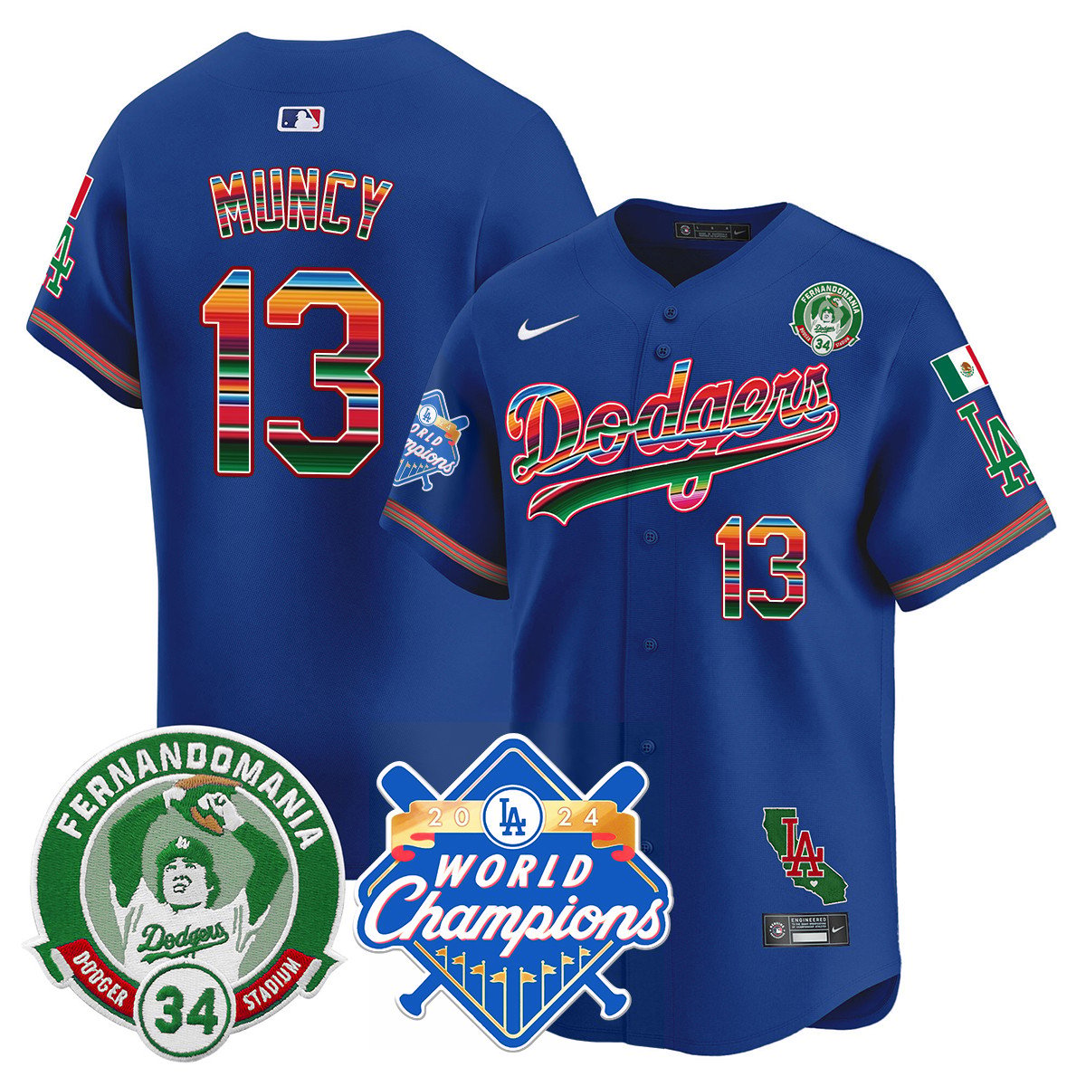Dodgers Mexico Fernando Memorial & 2024 World Series Champions Patch Men Jersey - All Stitched