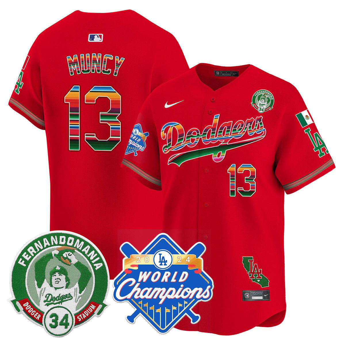 Dodgers Mexico Fernando Memorial & 2024 World Series Champions Patch Jersey - All Stitched