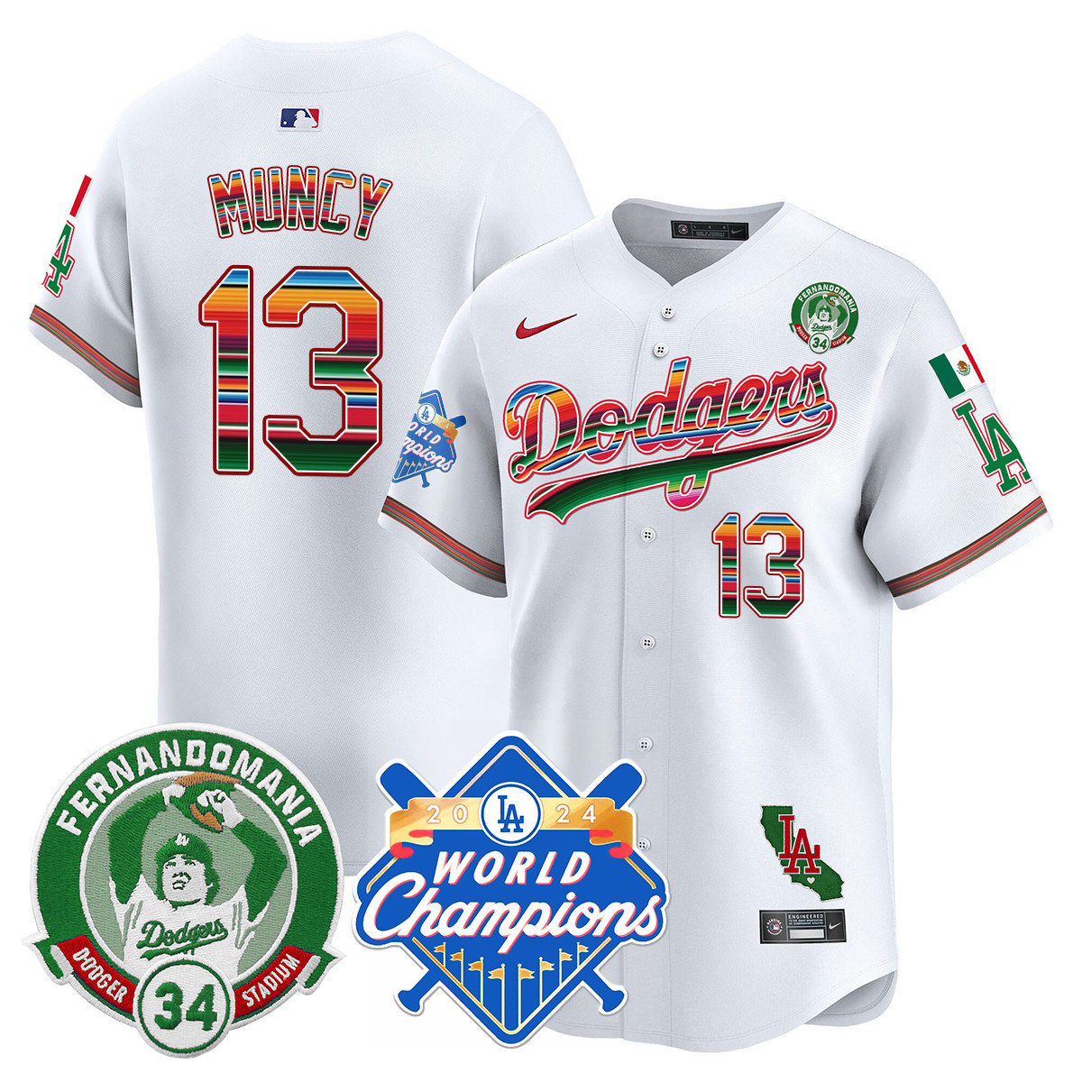 Dodgers Mexico Fernando Memorial & 2024 World Series Champions Patch Men Jersey - All Stitched