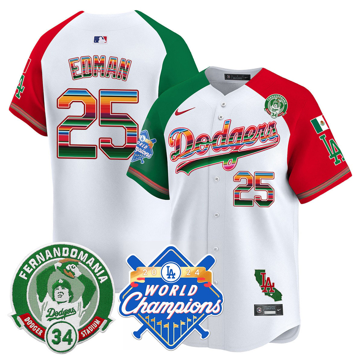 Dodgers Mexico Fernando Memorial & 2024 World Series Champions Patch Jersey - All Stitched