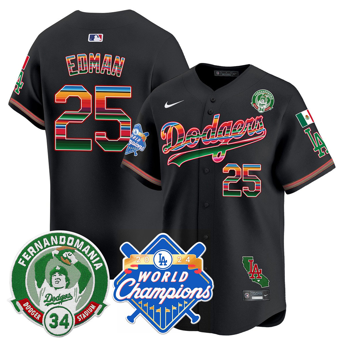 Dodgers Mexico Fernando Memorial & 2024 World Series Champions Patch Jersey - All Stitched