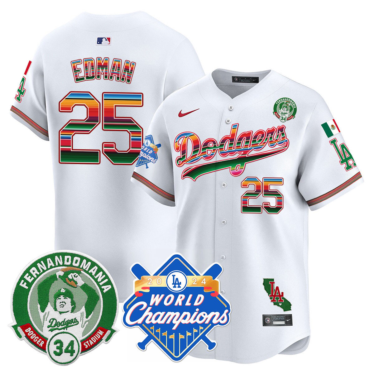 Dodgers Mexico Fernando Memorial & 2024 World Series Champions Patch Men Jersey - All Stitched