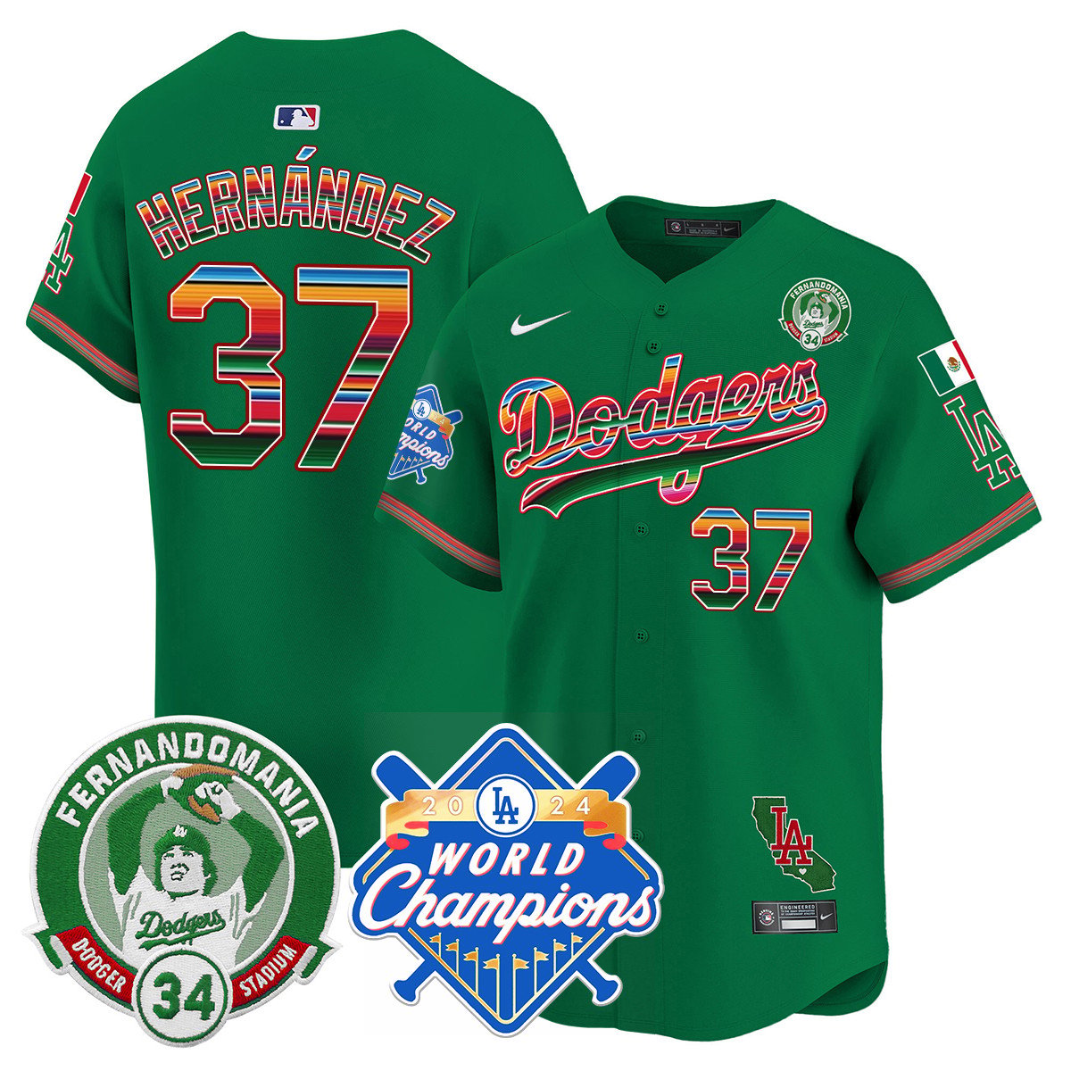 Dodgers Mexico Fernando Memorial & 2024 World Series Champions Patch Jersey - All Stitched