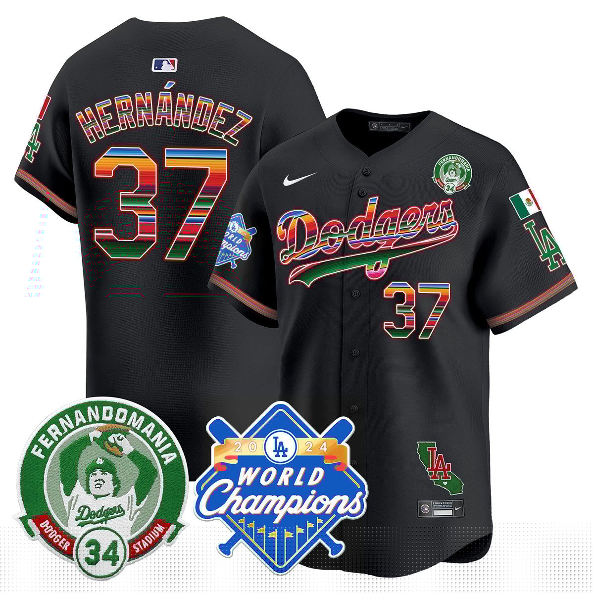 Dodgers Mexico Fernando Memorial & 2024 World Series Champions Patch Jersey - All Stitched