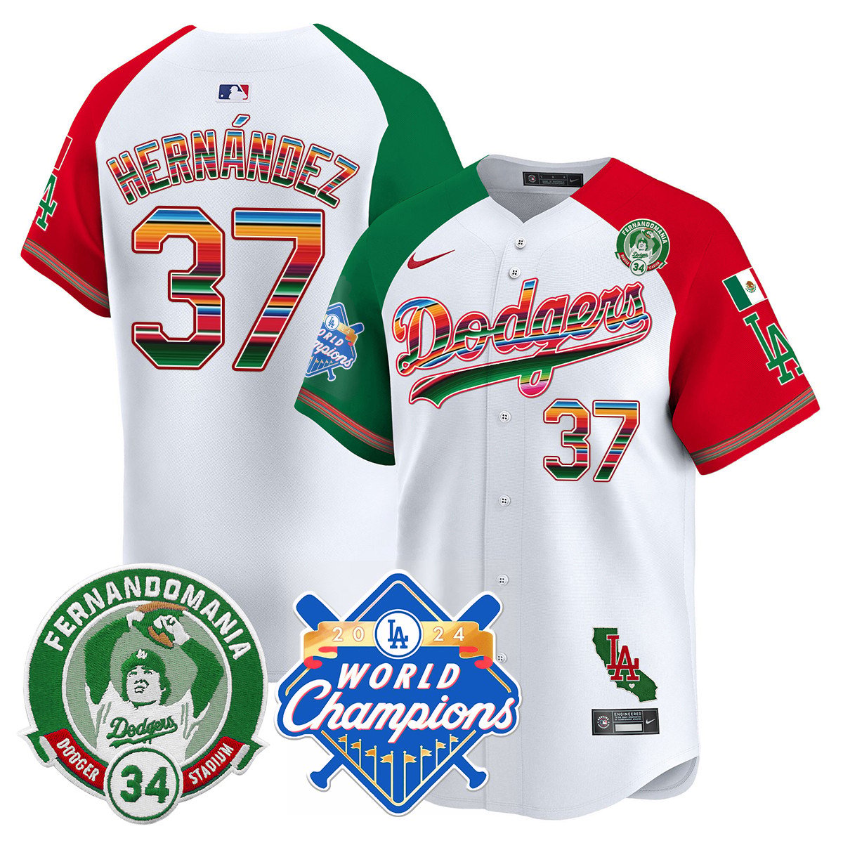 Dodgers Mexico Fernando Memorial & 2024 World Series Champions Patch Jersey - All Stitched