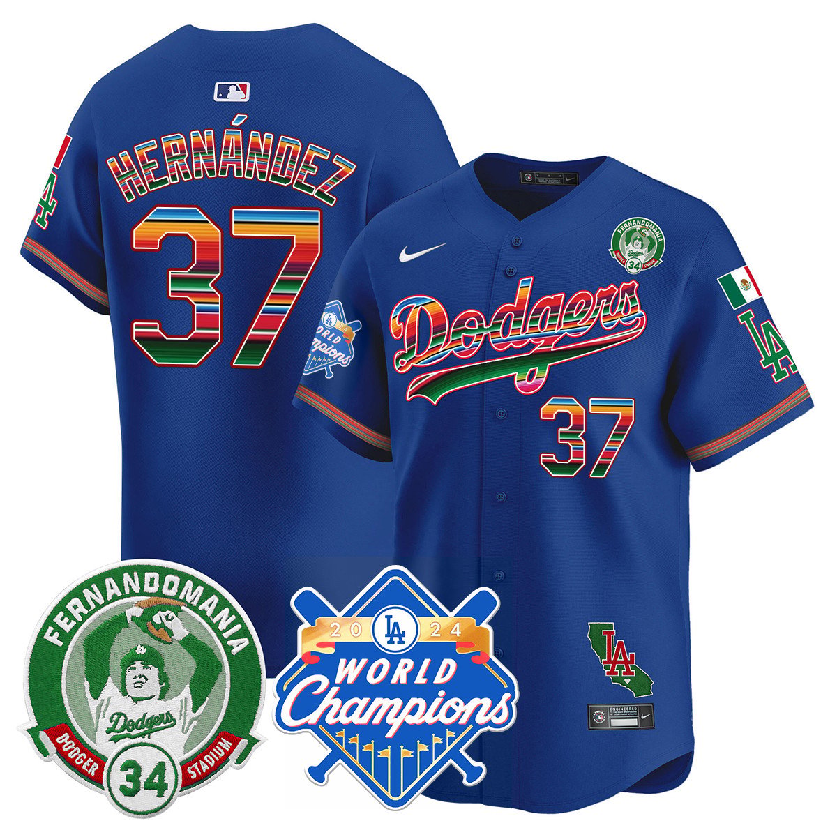 Dodgers Mexico Fernando Memorial & 2024 World Series Champions Patch Men Jersey - All Stitched