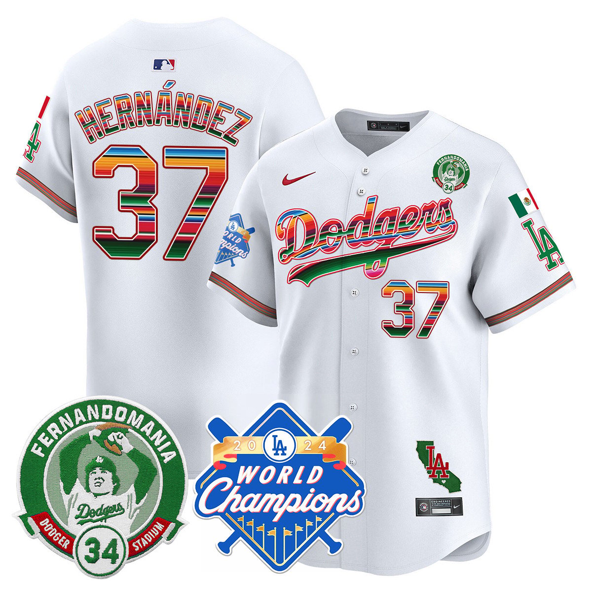 Dodgers Mexico Fernando Memorial & 2024 World Series Champions Patch Men Jersey - All Stitched