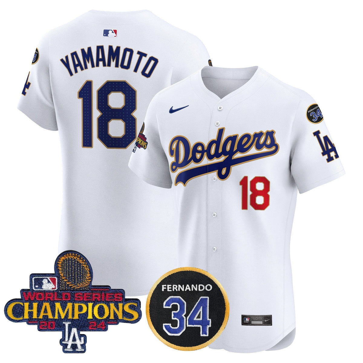 Dodgers 2024 World Series Champions Gold Trim Vapor Premier Elite Men Jersey V2 - All Stitched