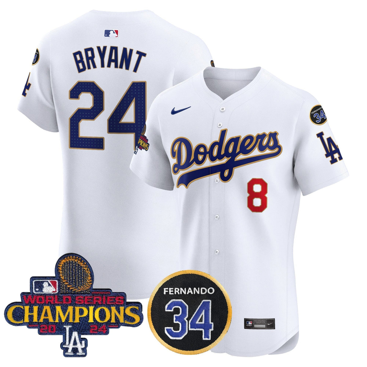 Dodgers 2024 World Series Champions Gold Trim Vapor Premier Elite Men Jersey V2 - All Stitched