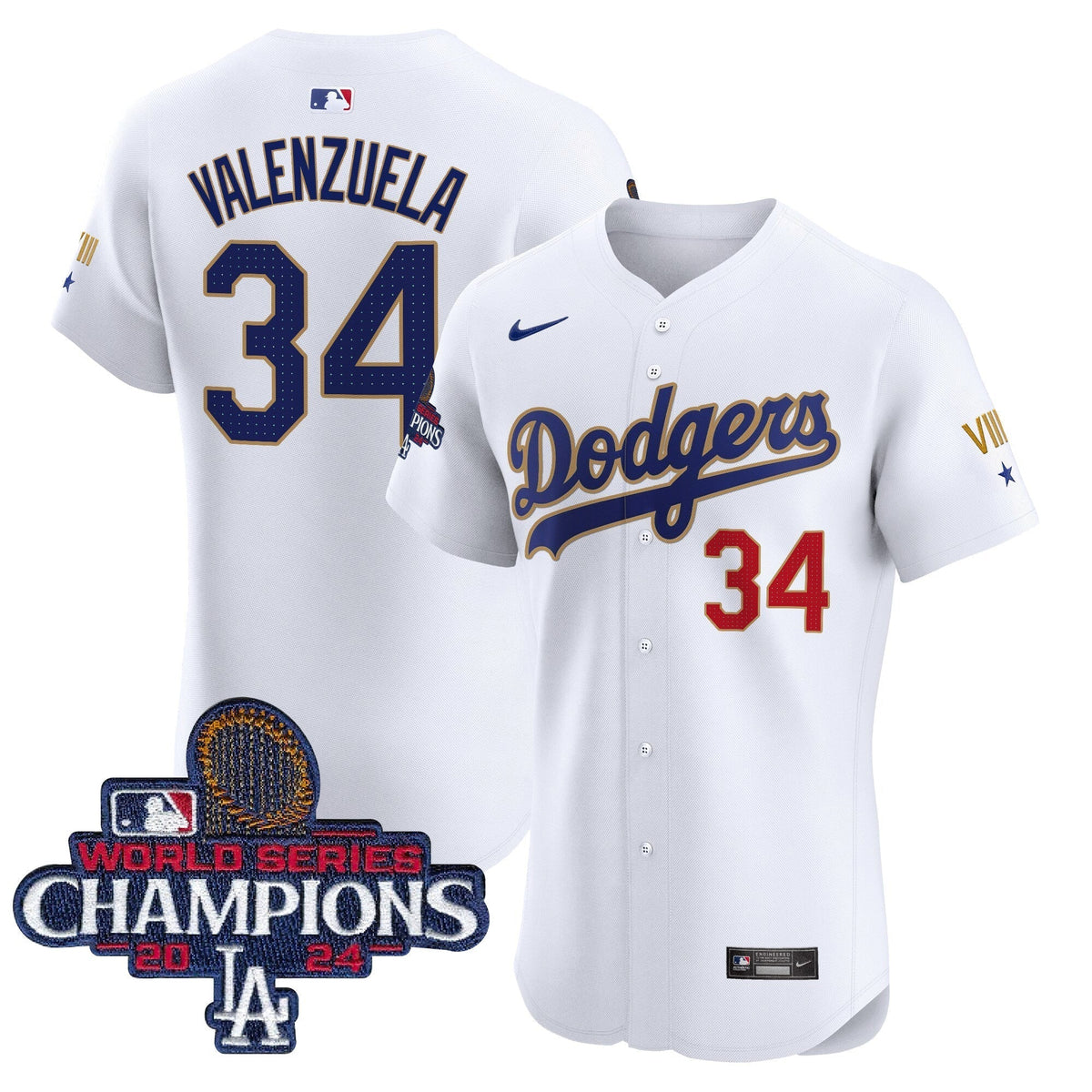 Dodgers 2024 World Series Champions Gold Trim Vapor Premier Elite Jersey V3 - All Stitched