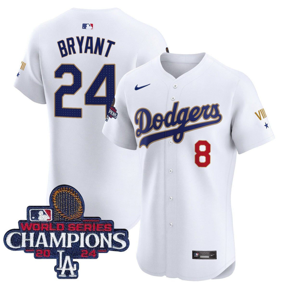 Dodgers 2024 World Series Champions Gold Trim Vapor Premier Elite Jersey V3 - All Stitched
