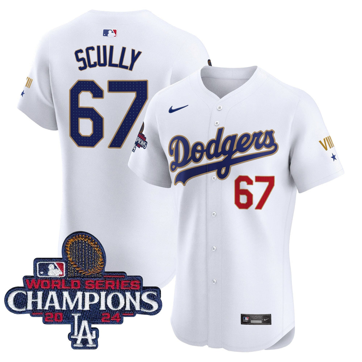 Dodgers 2024 World Series Champions Gold Trim Vapor Premier Elite Jersey V3 - All Stitched