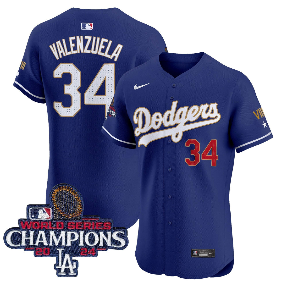 Dodgers 2024 World Series Champions Gold Trim Vapor Premier Elite Jersey V3 - All Stitched