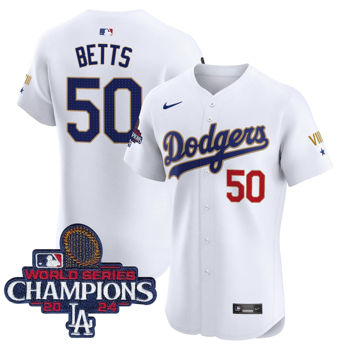 Dodgers 2024 World Series Champions Gold Trim Vapor Premier Elite Jersey V3 - All Stitched