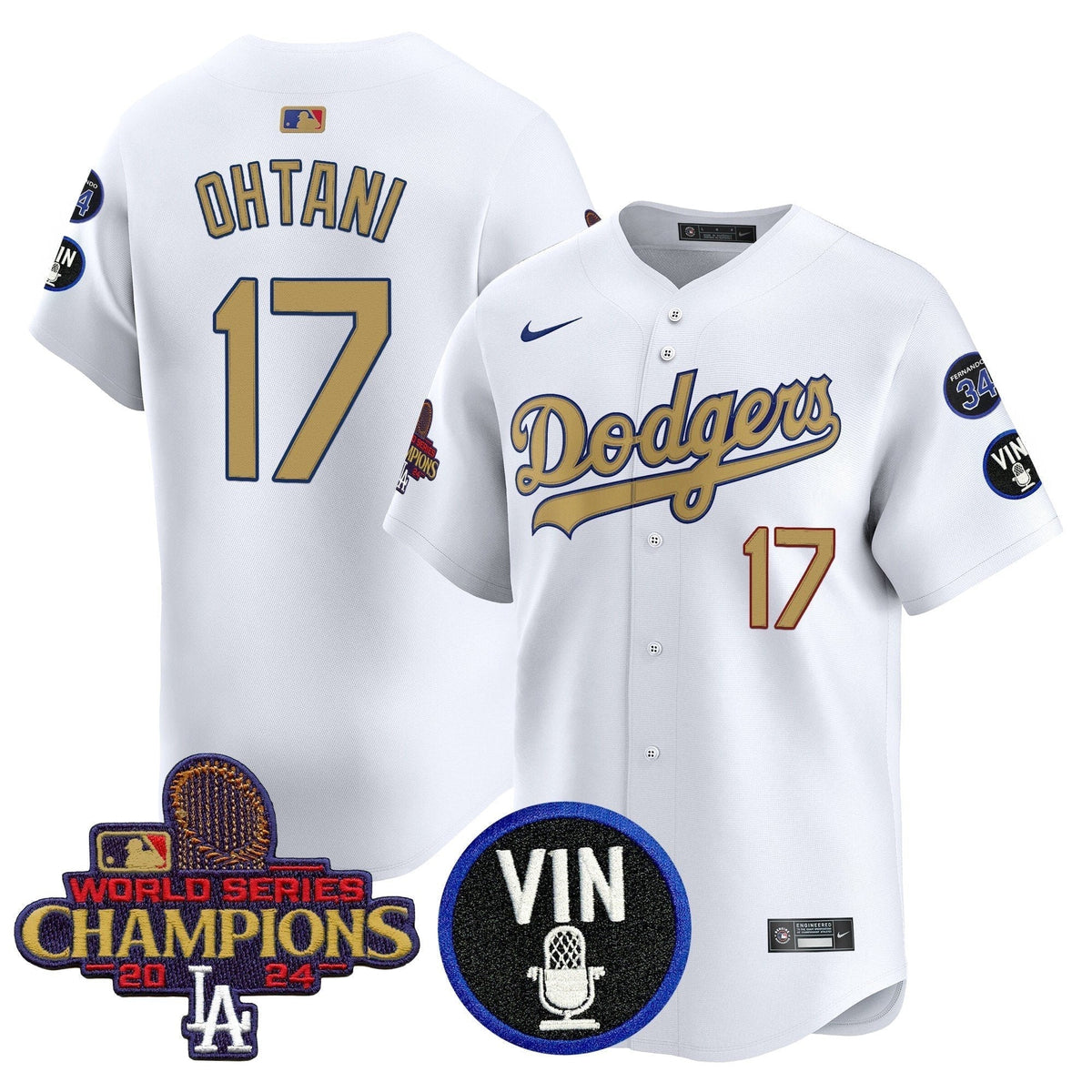 Dodgers 2025 Vin Scully & #34 Fernando Patch Gold Vapor Premier Limited Jersey - All Stitched