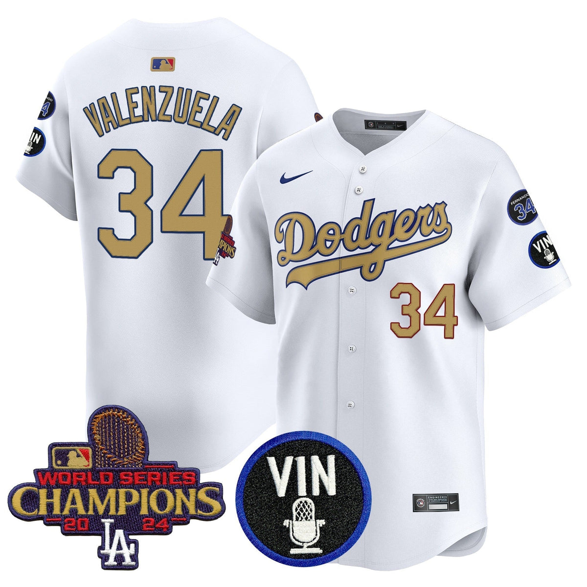Dodgers 2025 Vin Scully & #34 Fernando Patch Gold Vapor Premier Limited Jersey - All Stitched