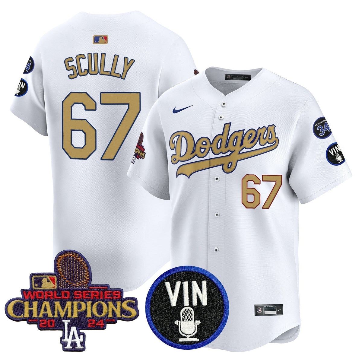 Dodgers 2025 Vin Scully & #34 Fernando Patch Gold Vapor Premier Limited Jersey - All Stitched