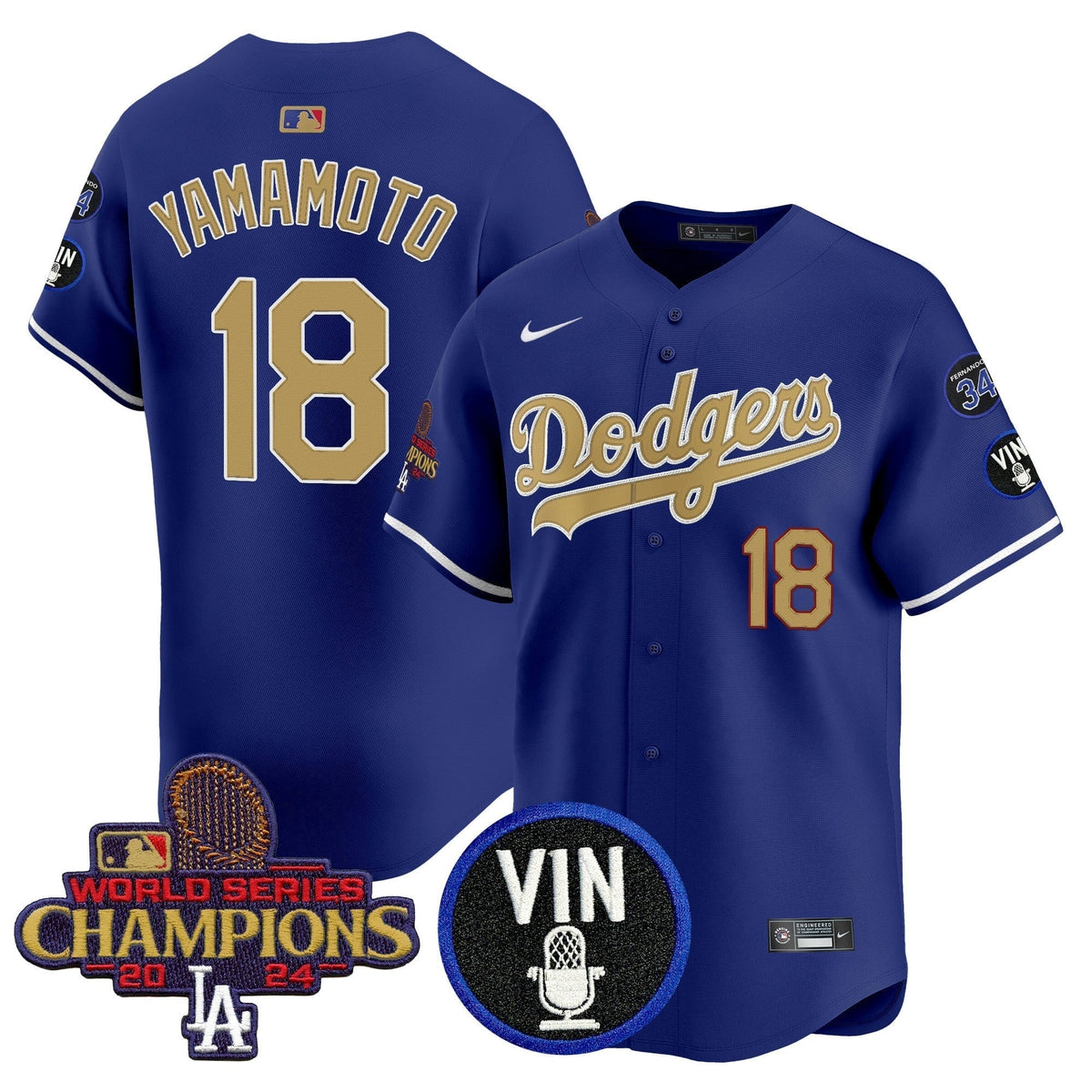 Dodgers 2025 Vin Scully & #34 Fernando Patch Gold Vapor Premier Limited Jersey - All Stitched